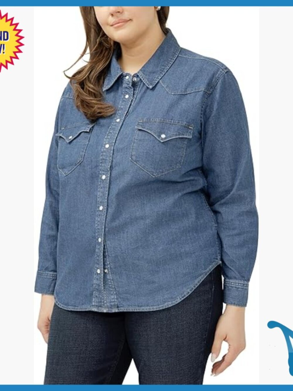 Plus Size Western Denim Shirt with Snap Buttons and Flap Pockets
